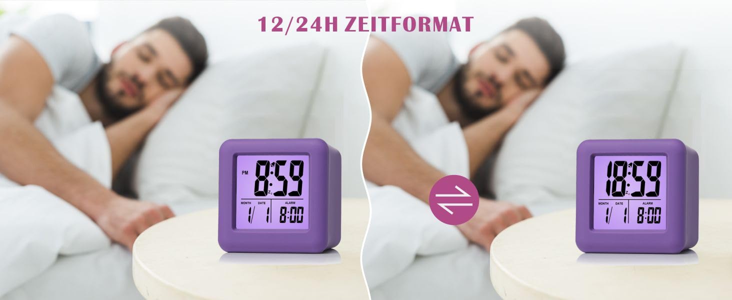 Цифровий туристичний годинник Plumeet з будильником, сонливим режимом, нічним світлом, великим дисплеєм (час, місяць, дата, будильник), м'яким звуком (фіолетовий)