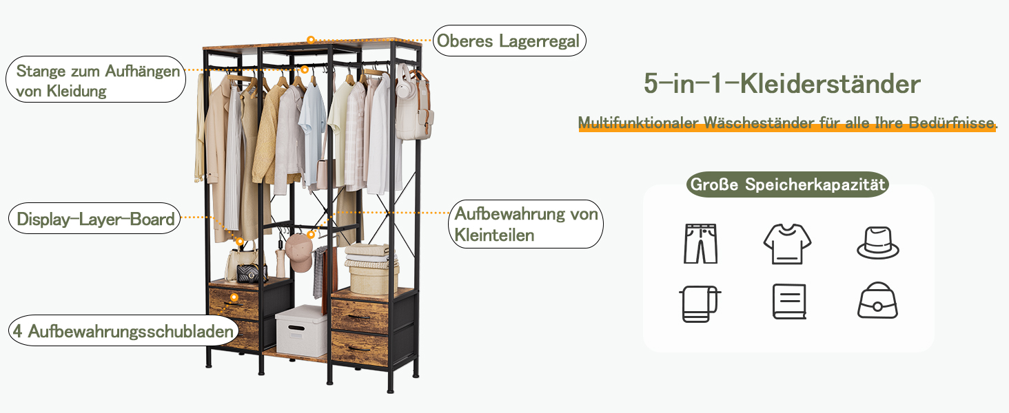 Шафа відкрита, вішалка для одягу, гардеробна стійка з 4 шухлядами, стійка для одягу, для спальні, вітальні, передпокою (rustic brown)