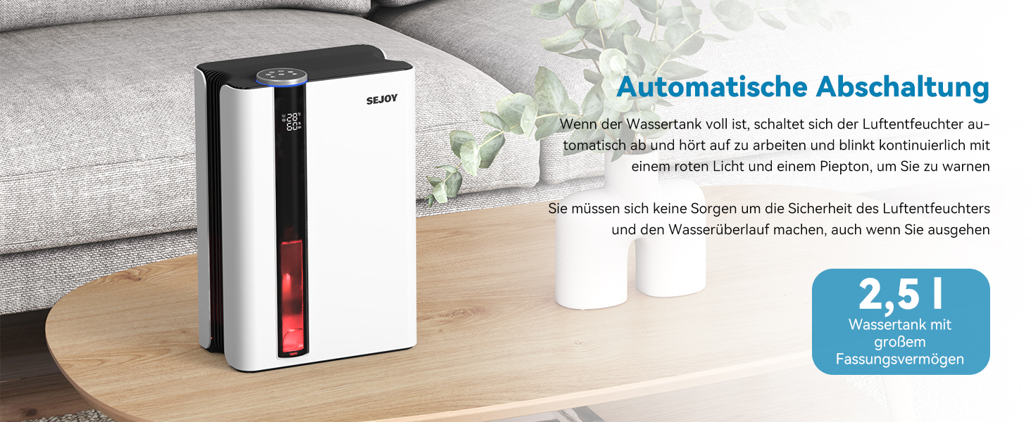 Електричний осушувач повітря Sejoy з пультом дистанційного керування, LED-індикатором вологості, резервуаром 2,5 л, продуктивністю 1000 мл/день, 7-кольоровою підсвіткою, портативний, тихий режим сну 35dB