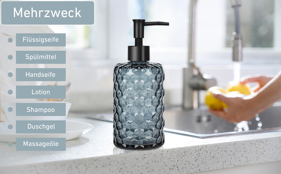 Скляний дозатор для мила 500 мл з хвильовим дизайном для ванної кімнати та кухні, з чорною пластиковою помпою, дерев'яними етикетками та воронкою (вугільно-блакитний)