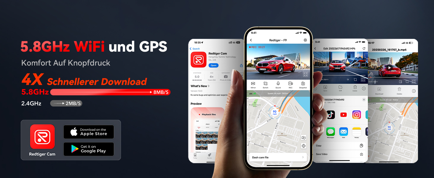 Автомобільний відеореєстратор REDTIGER 4K Ultra HD (передній та задній), GPS, 5.8GHz WiFi, нічний режим, режим паркування, підтримка карт пам'яті до 256ГБ, модель F9