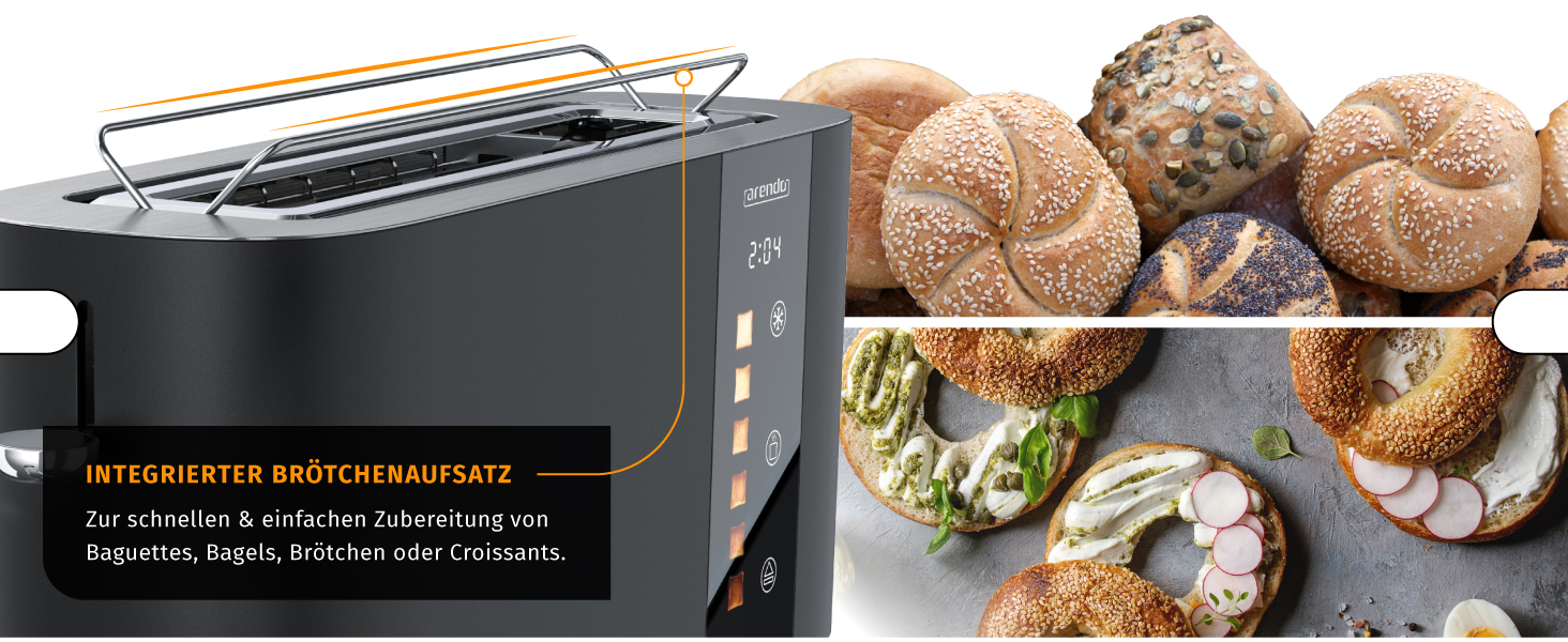 Тостер Arendo з нержавіючої сталі, 2 відділення, довгий проріз, сенсорний дисплей, подвійні стінки, підставка для булочок, 6 рівнів підсмажування, центрування хліба, індикатор часу, функція пам'яті, чорний колір A: Нічний чорний