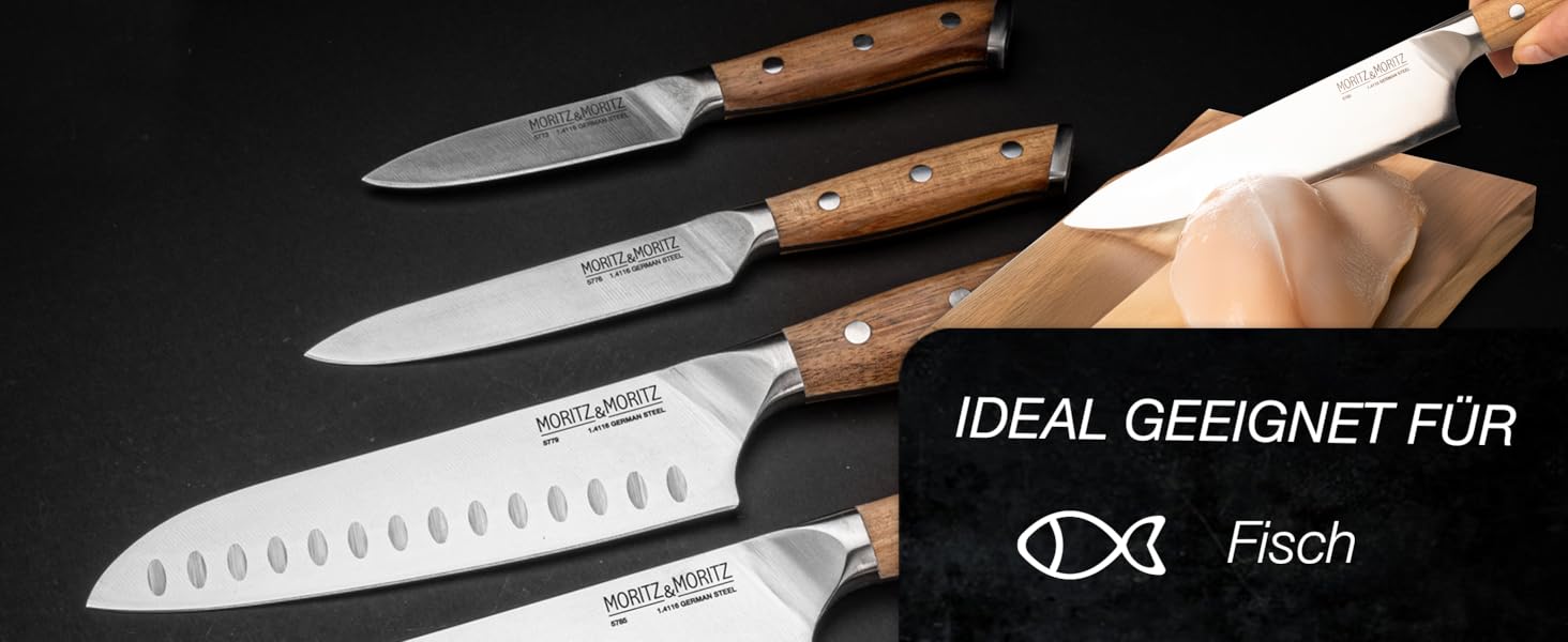 Ніж кухарський Moritz & Moritz 20 см - професійний, з нержавіючої сталі, з ергономічною ручкою з акації