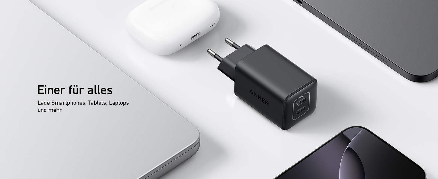 Зарядний пристрій Anker USB-C 47W, 523 Charger (Nano 3), компактний з 2 портами GaN, для iPhone 17/Pro/Pro Max/iPhone Air/16/15, Galaxy, Pixel 4/3, iPad/iPad mini (кабель не входить) Білий (Чорний)