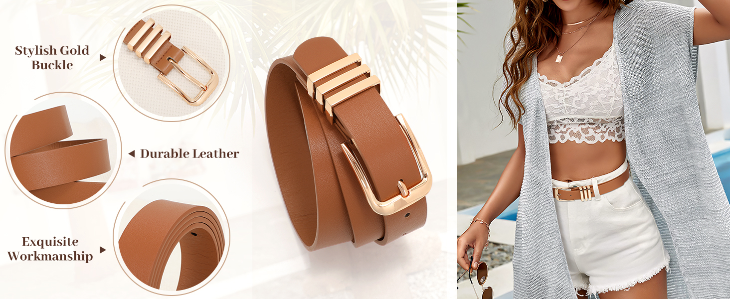 Жіночі шкіряні ремені JasGood (3 шт.): чорний, коричневий, бежевий (з золотою пряжкою), 110 см, для розміру 78-92 см