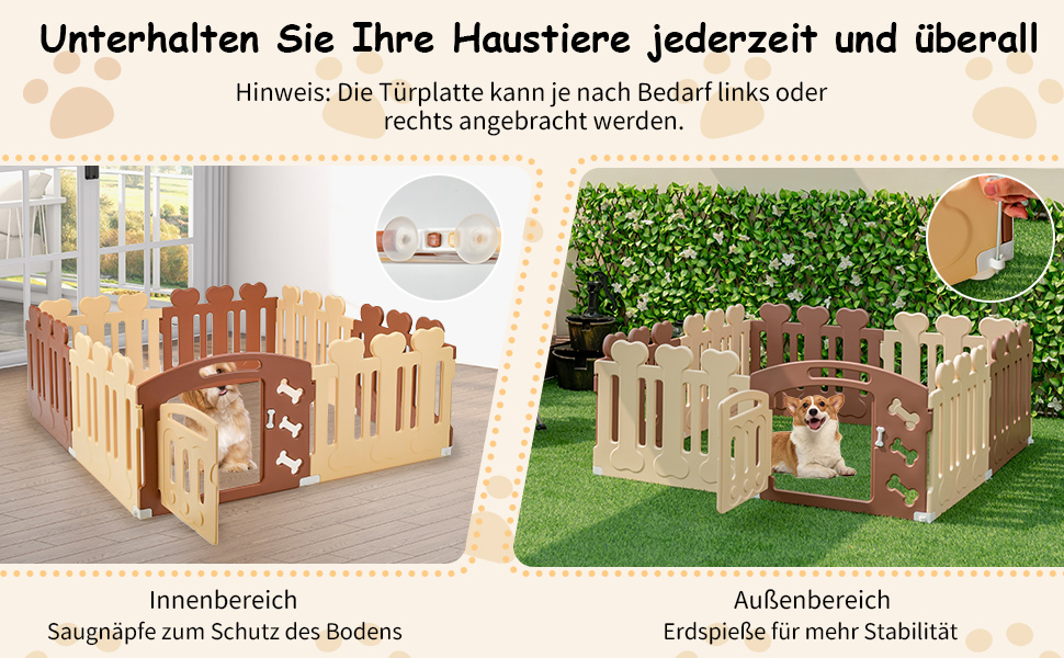 Вольєр для собак COSTWAY з 8 панелей, 60 см, з дверцятами, для дому та саду, HDPE пластик, бежевий + коричневий