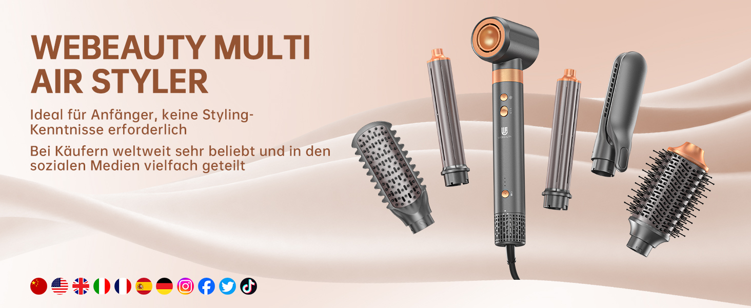 Webeauty Airstyler 7-в-1: фен-щітка, плойка, випрямляч, 110000 об/хв, 25 м/с, 500 млн негативних іонів, сірий золотий