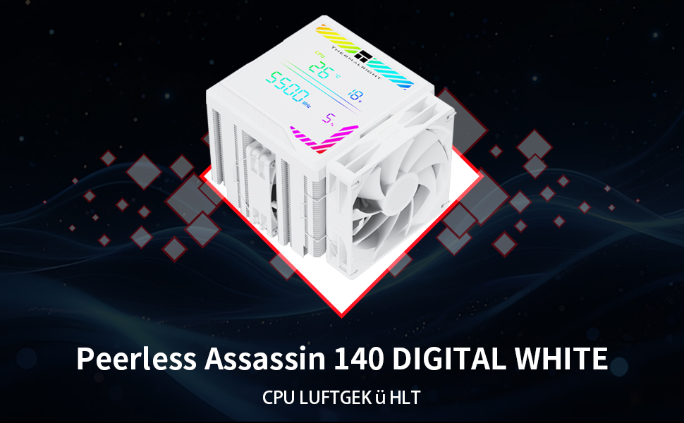 Кулер для процесора Thermalright Peerless Assassin 140 Digital White, двовежевий, 6 теплових трубок, 2 PWM вентилятори, з цифровим дисплеєм, для AM5, Intel LGA1851/1700, білий