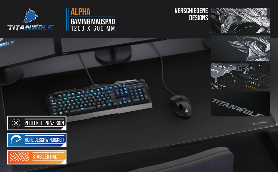 Килимок для миші Titanwolf XXXL 1200x600mm - великий ігровий килимок з мотивом, чорний