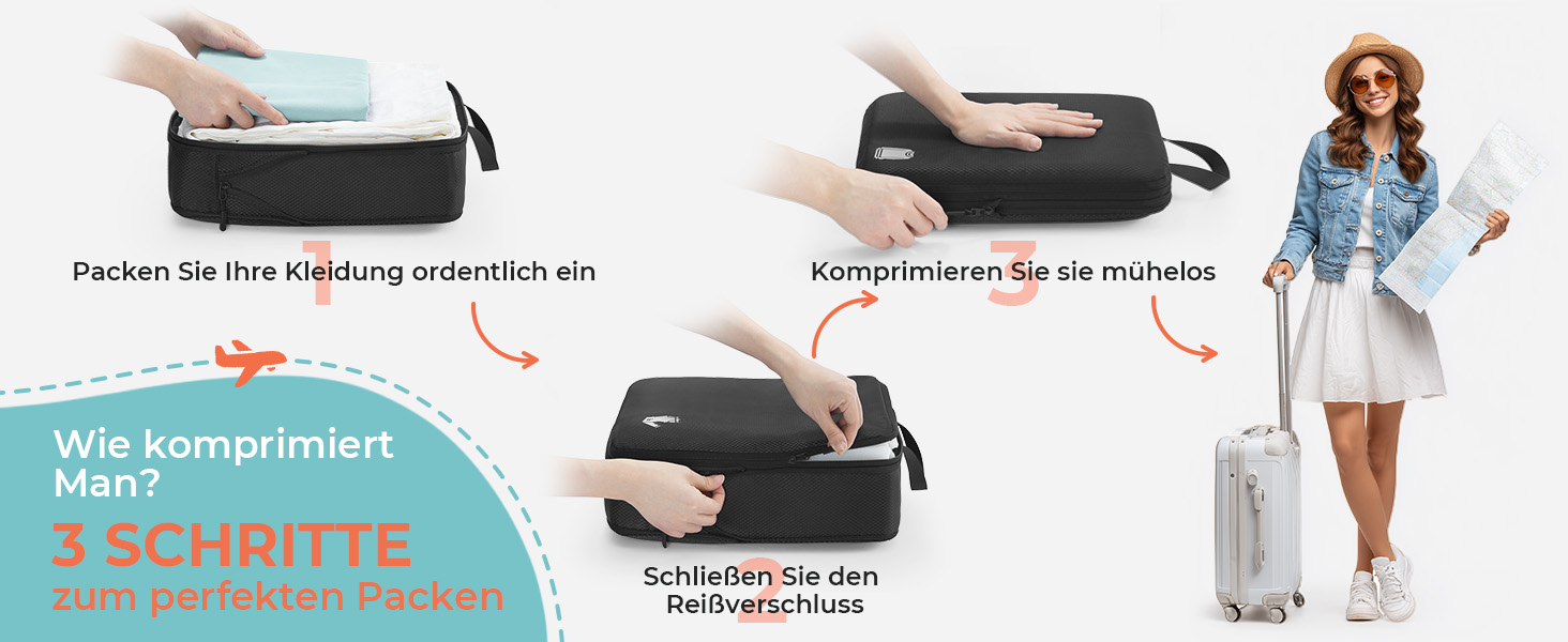 Набір кубиків-органайзерів для валізи (8 шт.) - кубики для подорожей, компресійні мішки, водонепроникні, чорні