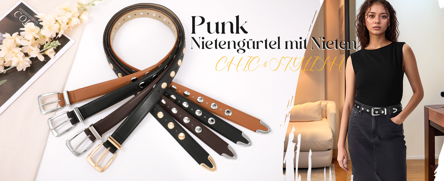 Жіночий шкіряний ремінь JASGOOD з золотою пряжкою, вінтажний панк-рок, модний ремінь з шипами для джинсів та повсякденного носіння, класичний чорний, 130 см: для розміру 105-114 см