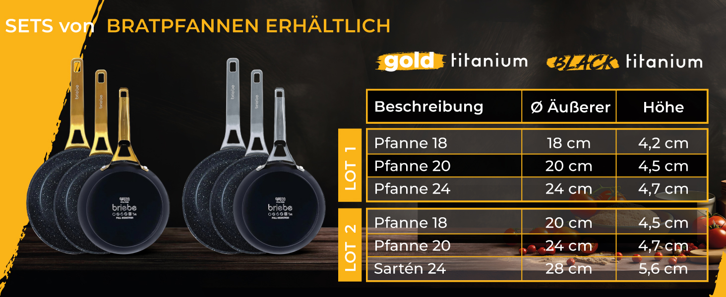Набір сковорідок Briebe Gold Titanium Set (3 шт.) з титановою поверхнею, антипригарне покриття, для індукційних плит, діаметр 18-20-24 см, коване алюміній, без PFOA, професійні ручки з нержавіючої сталі, сумісний з газовими та склокерамічними плитами