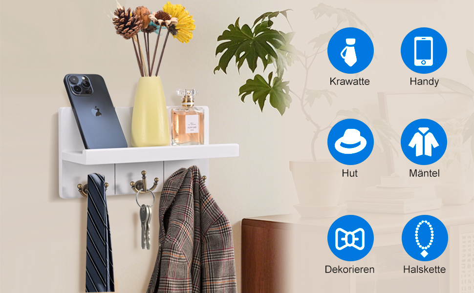 Дерев'яне ключниця з полицею та 6 гачками, ключниця на стіну для прихожей, коридору, кухні (Колір: Коричневий)