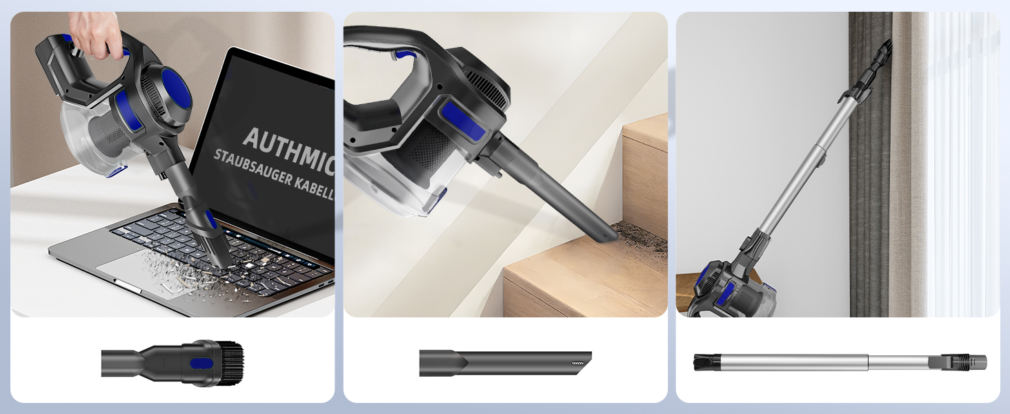 Бездротовий пилосос Authmic 40000Pa з акумулятором, час роботи до 50 хв, об'єм контейнера 1.6л, HEPA фільтр x4, для килимів, твердих підлог та шерсті тварин (блакитний)