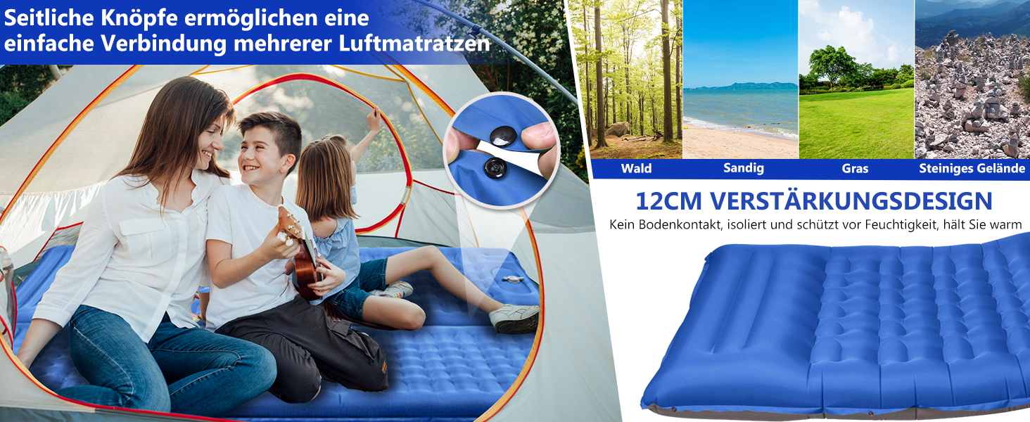 Каремат туристичний Isomatte Camping самонадувний, 12 см, товстий, компактний, вологостійкий, з насосом для ніг та подушкою, анти-рипстоп, для походів та пляжу, блакитний