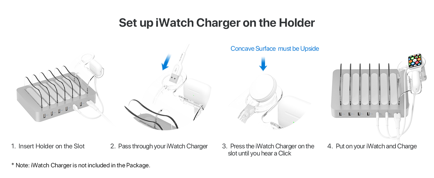 Зарядна станція SooPii USB, 6 портів 50W, з кабелями та тримачем для iWatch, біла (срібло)