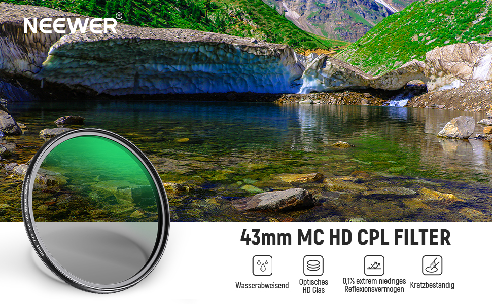 NEEWER 43mm Поляризаційний фільтр CPL з HD склом, 24 шари, Nano MC, для об'єктивів камери, зменшує відблиски та покращує контраст