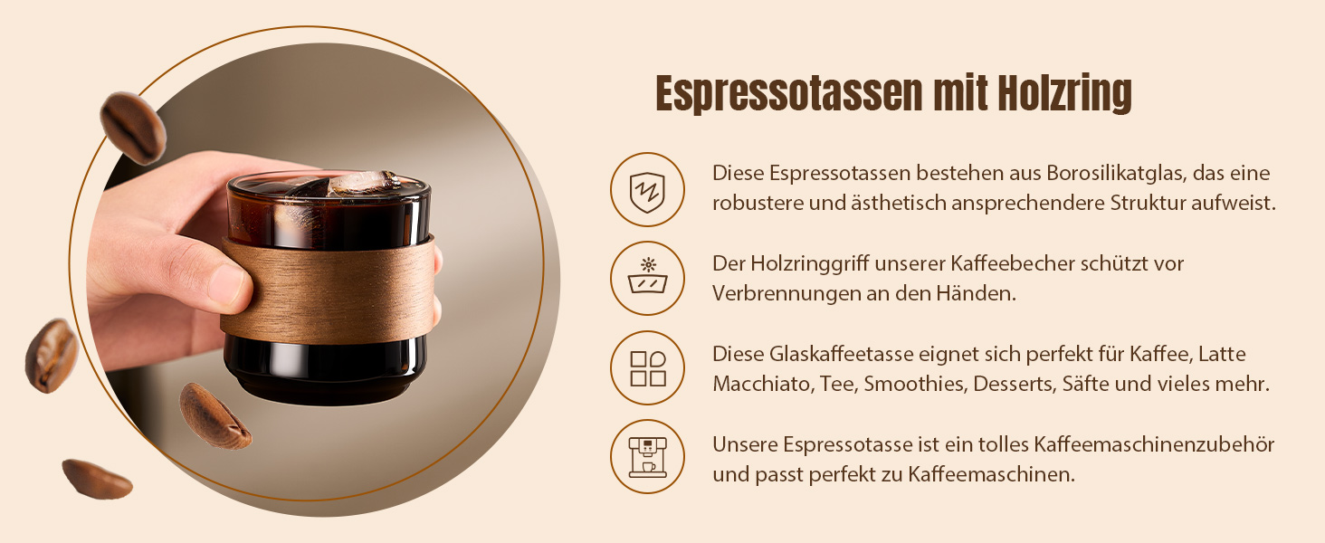 Набір еспресо-чашок ParaCity, 2 шт. з дерев'яним кільцем, склянка для еспресо та шнапсу з боросилікатного скла, прозора маленька чашка для еспресо, аксесуари для еспресо (150 мл)