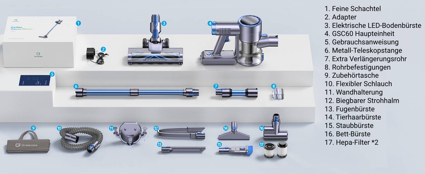 Greenote GSC60 Бездротовий акумуляторний пилосос, 33000Pa, з сенсорним екраном, до 40 хв роботи, 10 в 1, тихий, для твердих поверхонь, килимів, шерсті тварин