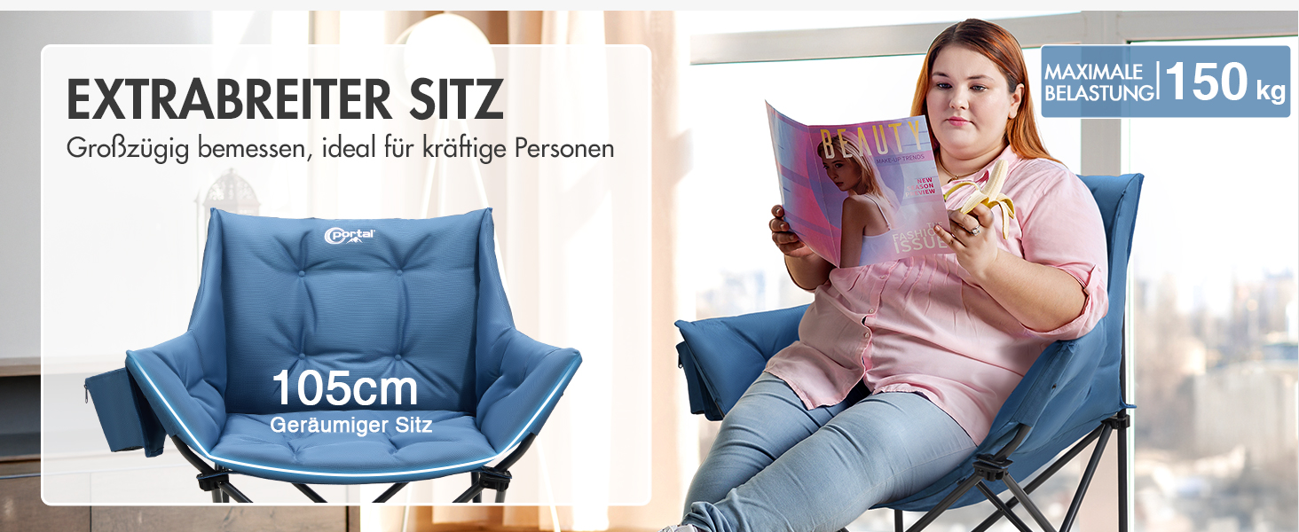 Крісло для кемпінгу складне, XXL, з підлокітниками, 150 кг, блакитне