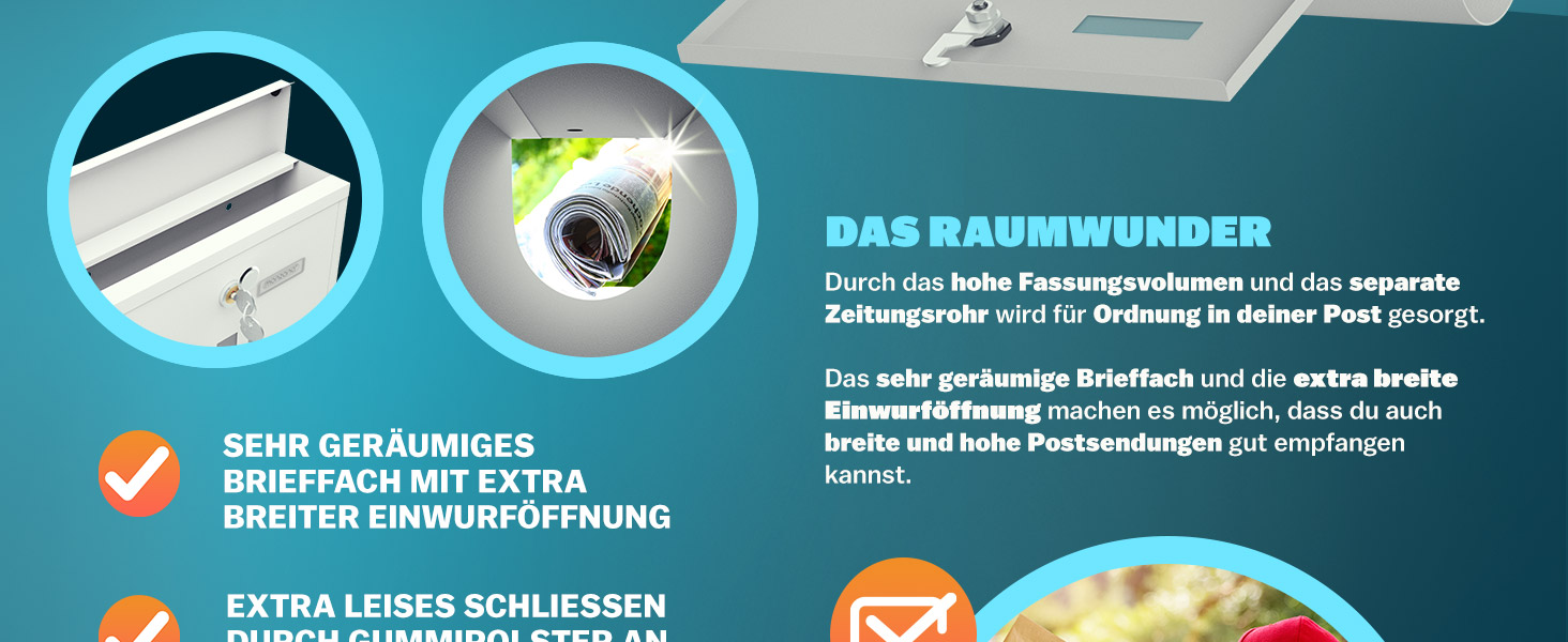Поштовий ящик Monzana Kreuzschloss з мідним циліндром, поворотна кришка 31x10x34 см, вікно, табличка для імені, відділ для газет, сталь, 2 ключі, чорно-срібний (білий)
