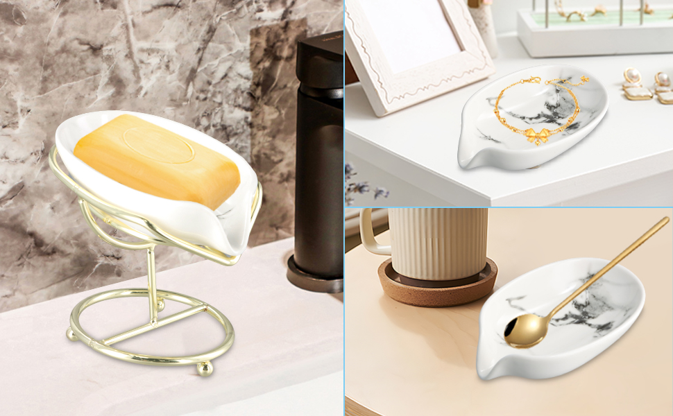 Набір з 2 мисок для мила з отвором, 13,5x8,5 см, кераміка, самостійний злив, у формі листка, білий, зелений