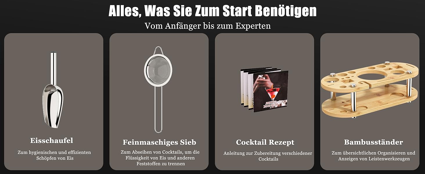 Набір для коктейлів 700 мл, 25 предметів: професійний шейкер, барменський набір з нержавіючої сталі, дерев'яна підставка для приготування напоїв
