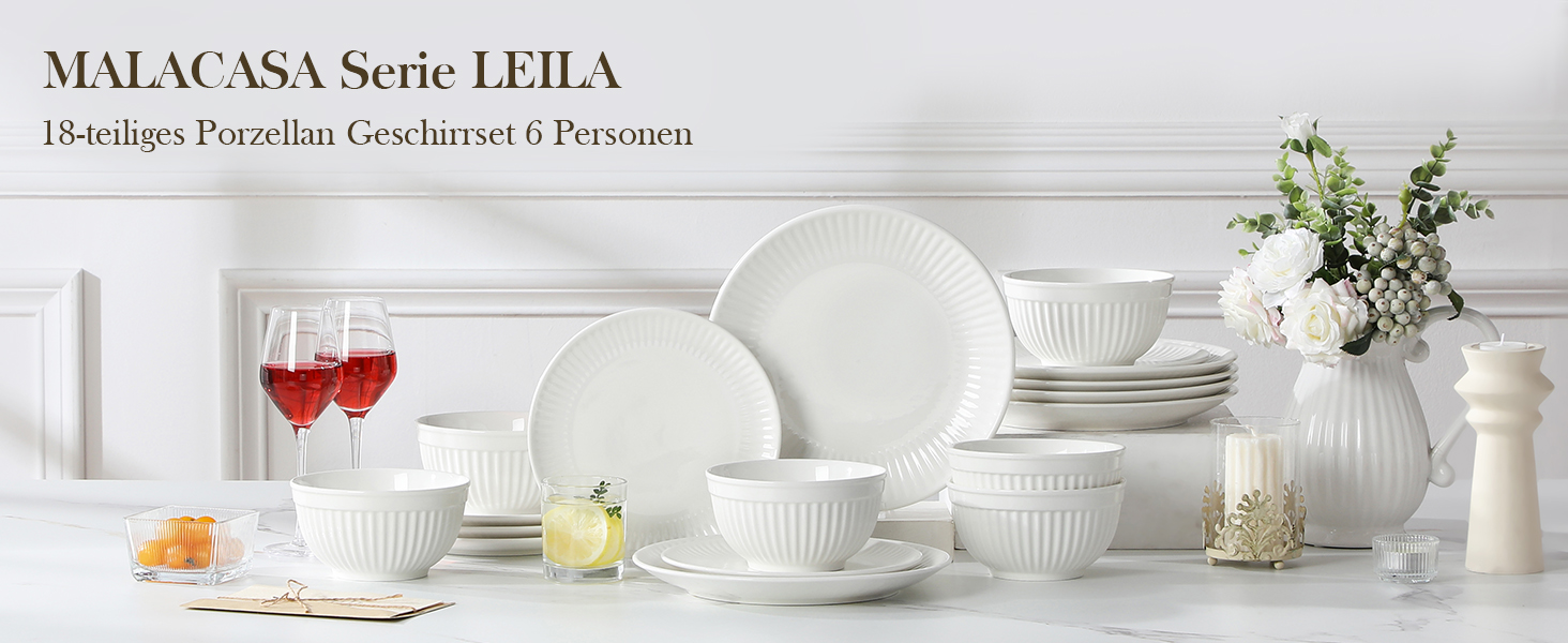Набір посуду Malacasa Leila для 6 осіб, 24-елементний сервіз з порцеляни з ручним рельєфним дизайном, білий. Підходить для мікрохвильової печі та мийки посуду.