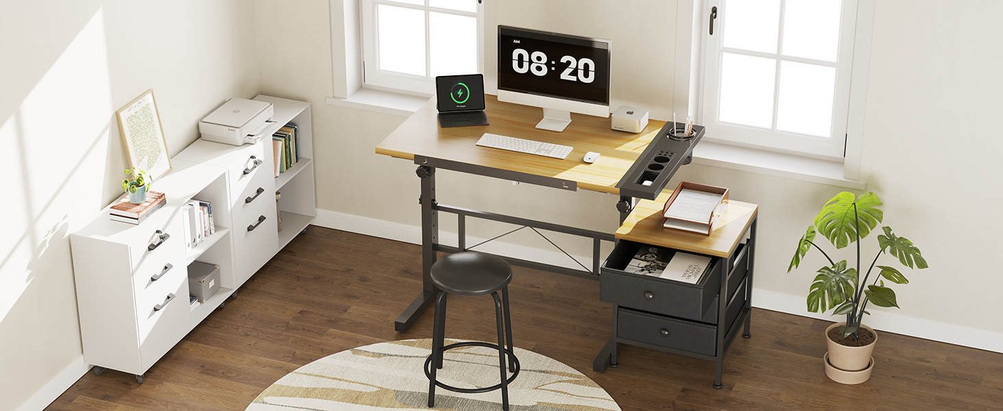 Adjustable Drafting Table with Tilt - 0-60° - Includes Stool & Storage - Wood Finish for Home & Office