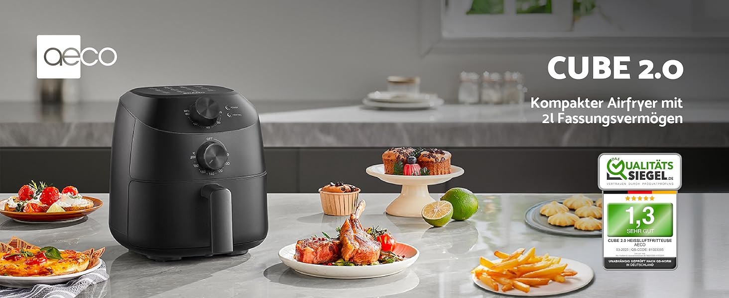 Фритюрниця Aeco Cube 2.0 Mini – компактна, 2 літри, без BPA, таймер 60 хв, антипригарне покриття, 80% менше олії, енергоефективна, з автовимкненням