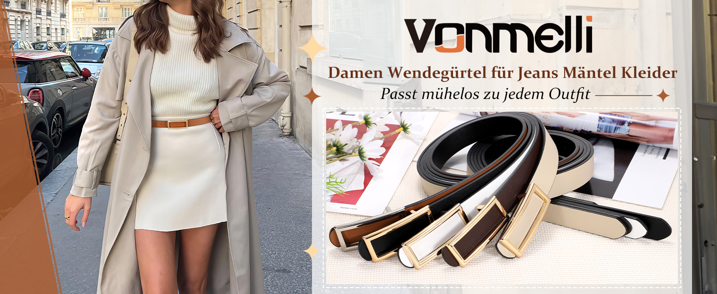 Жіночий ремінь VONMELLI вузький шкіряний, з золотою пряжкою, чорний/коричневий (срібна пряжка), 120 см (93-103 см талія)