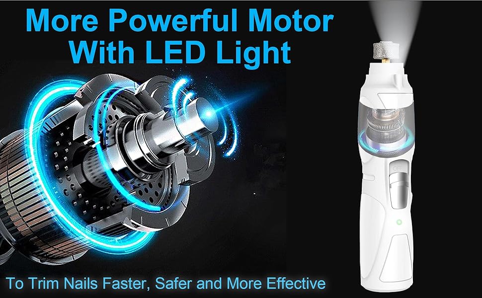 Електричний точило для кігтів собак та котів з LED-підсвічуванням та 2 колесами, точило для кігтів домашніх тварин, тихе та потужне, з низькою вібрацією, біле з LED-підсвічуванням