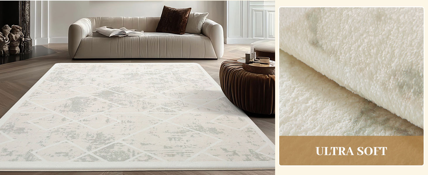 Килим Leesentec для вітальні, спальні: геометричний, сучасний, антиковзаючий, короткий ворс, бежевий, великий, білий (слонова кістка), 80 x 120 см, прямокутний