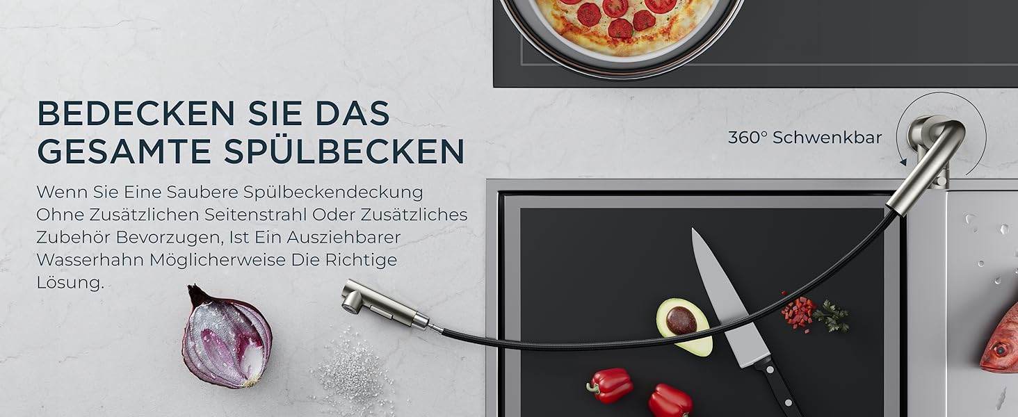 Змішувач кухонний FORIOUS висувний з душем, шланговий, нержавіюча сталь, 360° обертання, 2 режими, L-подібний