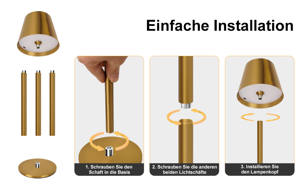 Світлодіодна настільна лампа бездротова з сенсорним керуванням, USB-C, димування, акумуляторна, 3 режими світла, регульована висота, IP54 водонепроникна, золота. Для ресторану, спальні, бару, вулиці