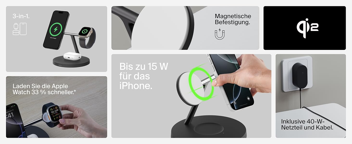 Belkin MagSafe 3-в-1 Бездротова Зарядка 15W для iPhone, Apple Watch та AirPods (Чорний)