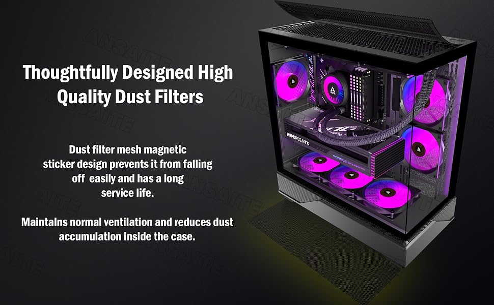 Ігровий корпус для ПК ANSAITE ATX Mid-Tower, 6 ARGB PWM вентиляторів, панорамне загартоване скло, USB Type-C, підтримка радіатора 360мм, чорний/фіолетовий