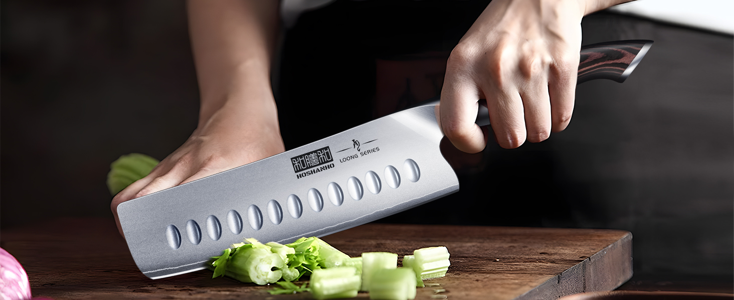 HOSHANHO 8-Piece Knife Set with Wooden Block - Professional Stainless Steel Kitchen Knife Set - Chef's Knife Set for Kitchen (18cm Nakiri Knife, Silver)