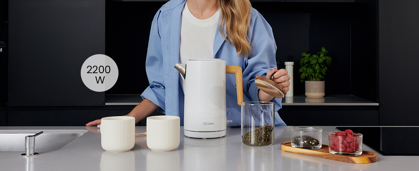 Електричний чайник ZEEGMA KETLEE 1.7L бездротовий, нержавіюча сталь, 2200W, для чаю та кави, автоматичне відключення, LED-дисплей, сучасний дизайн (білий)