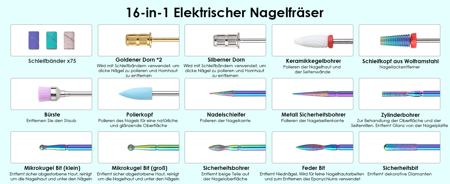 Електричний фрезер для манікюру та педикюру Profi Set 16 в 1 з LCD дисплеєм, 40000 об/хв, F/R, для гелевих нігтів, портативний, фіолетовий, блакитний, білий
