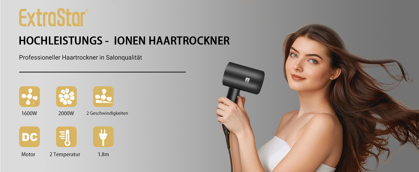 Професійний фен 2000W з 2 режимами температури та 2 швидкостями, насадкою-концентратором, кнопкою холодного повітря для дому, салону краси та подорожей (чорний)