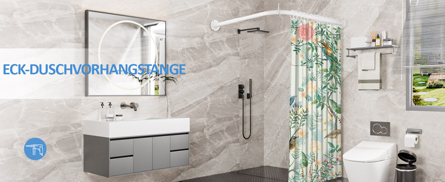 Регульована штанга для душу L-подібної форми, 60-134 см, з кріпленням для завіси та підставкою для стелі, для ванни/ванної кімнати, білий, монтаж вимагає свердління