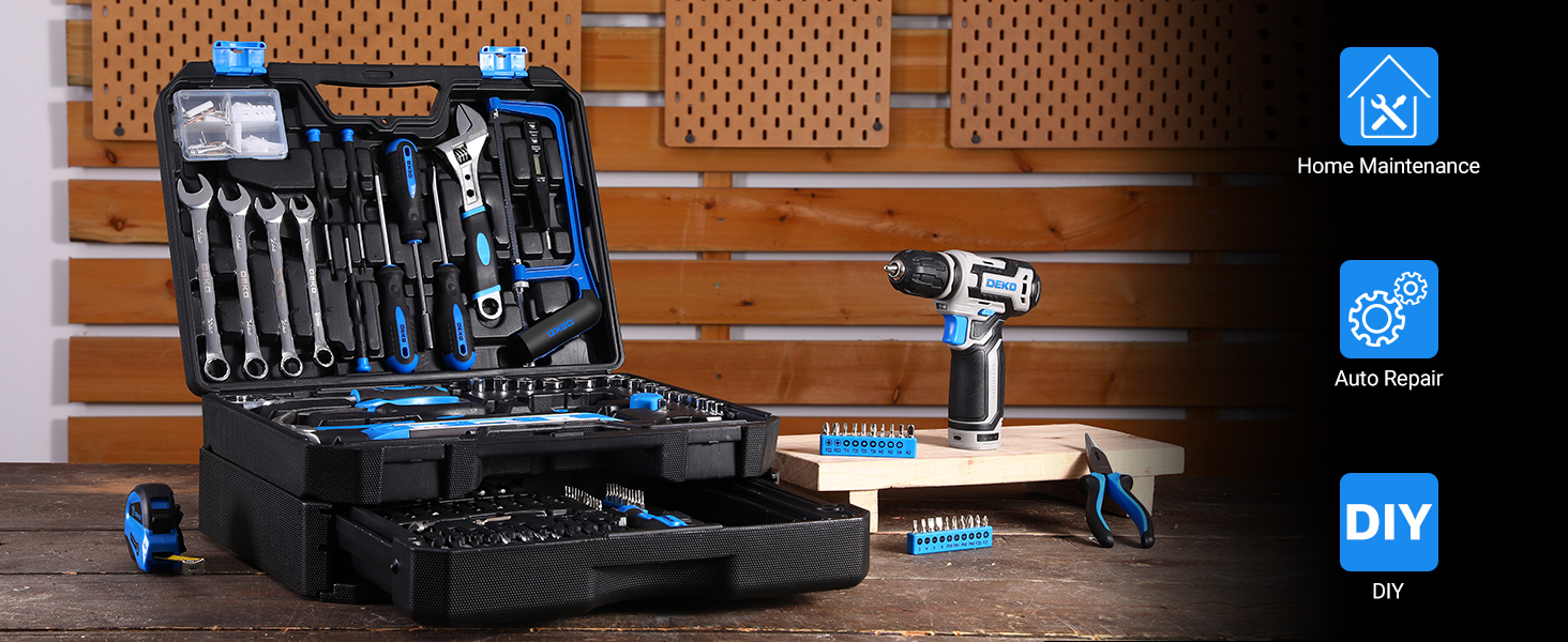 Набір акумуляторної дрилі DEKO 12V: 238 штук у кейсі. Акумуляторна дриль-шуруповерт для дому, рукоділля та ремонту. Комплект інструментів (блакитний)