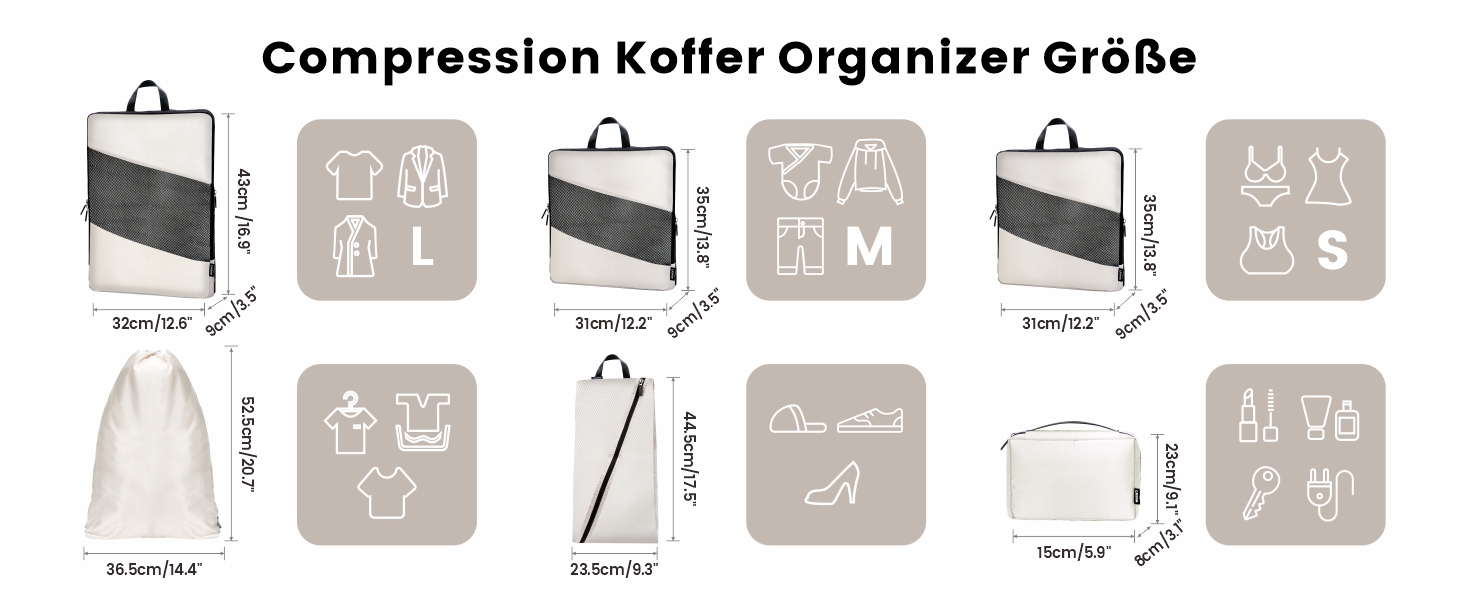 Набір органайзерів для валізи з компресією, 6 шт. - Кубики для пакування одягу, білий (Elfenbein) - Організація багажу в дорогу