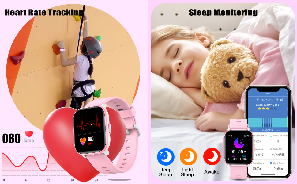 Дитячий розумний годинник для дівчаток та хлопчиків, 1.5' фітнес-трекер з 19 спортивними режимами, моніторингом сну, серцевого ритму, крокомером, IP68 водонепроникний, подарунок для дітей 6-15 років, рожевий