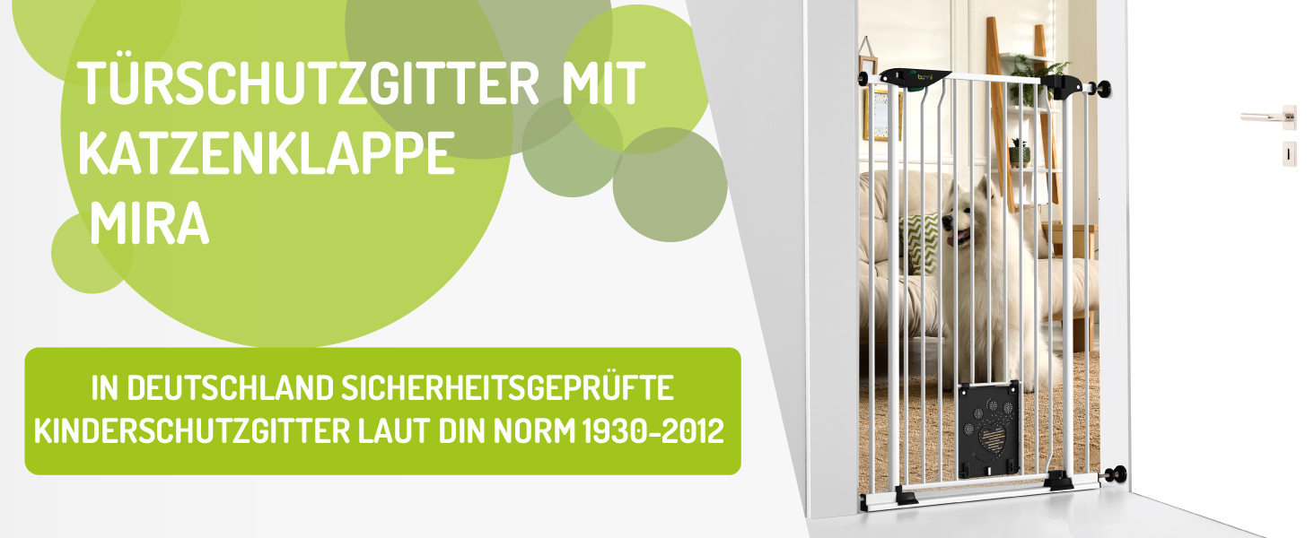 Захист для воріт BOMI Mira | Сітка для воріт з люком для котів | Ідеальний захист для собак, котів та цуценят | Металева сітка для воріт у квартиру, білий колір | Ширина: 73-83 см