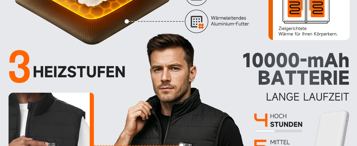 LABCOOL Тепла жилетка з підігрівом - чоловіча та жіноча жилетка з USB-підігрівом та акумулятором 10000mAh - 6-зонний підігрів з 3 рівнями температури - можна прати в пральній машині, чорний L