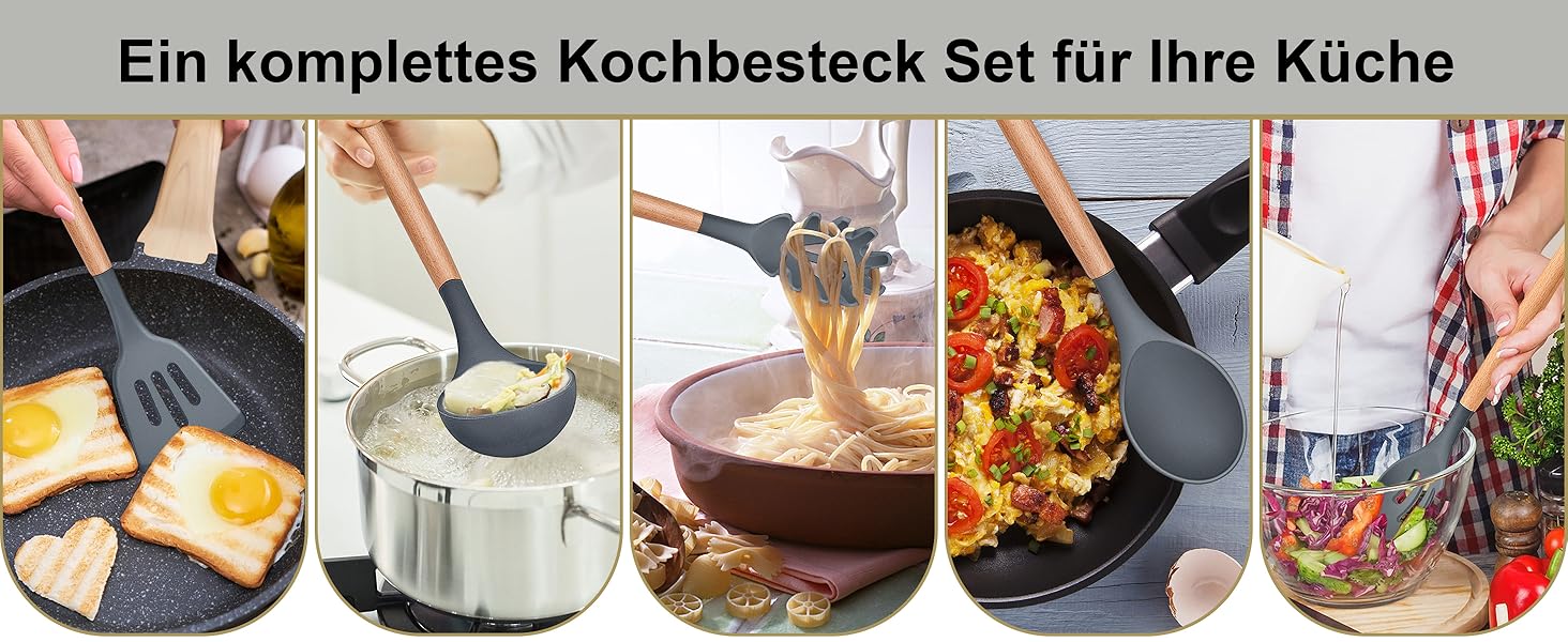 Набір кухонного приладдя Herogo, 12 шт. Силіконові кухонні помічники, кухонне кухонне приладдя з тримачем, стійке до високих температур, з дерев'яною ручкою, антипригарний лопатка – сірий