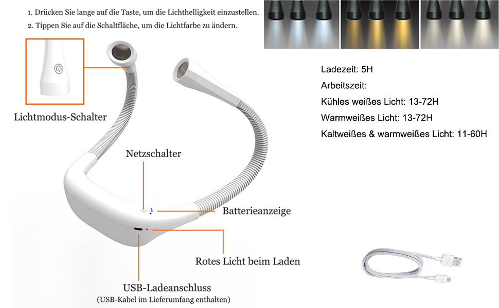 Ліхтарик для читання LED USB акумуляторний, диммер 3 режими, для рукоділля, ремонту, шиття, майстерні, риболовлі (Чорний, 2000mAh)