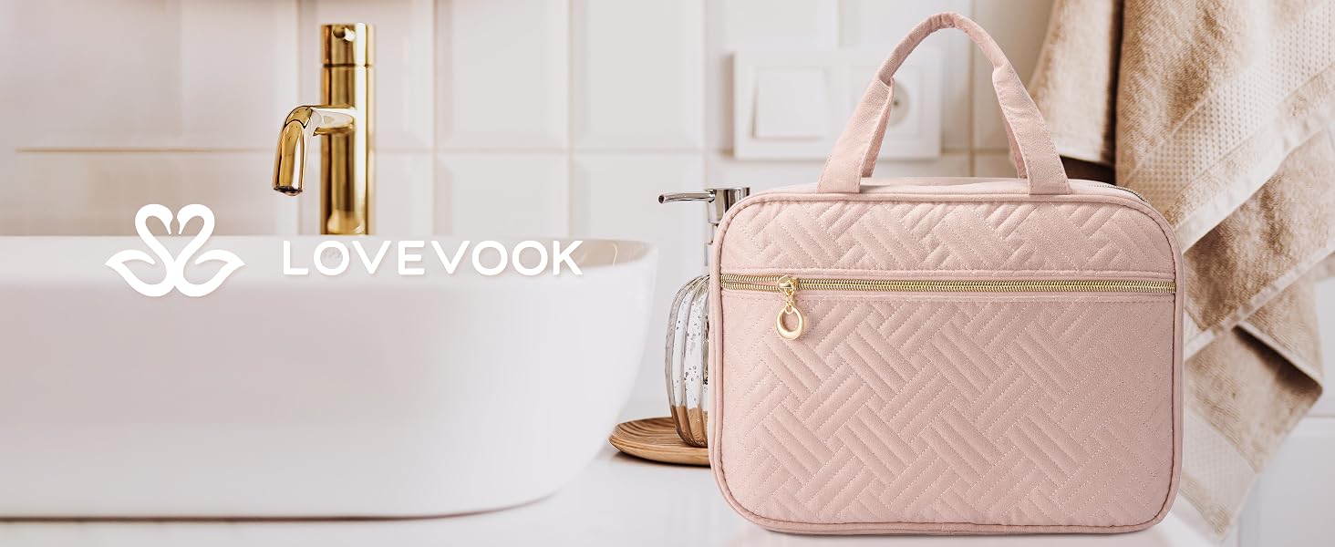 Дорожня косметичка для жінок LOVEVOOK, водонепроникна сумка для аксесуарів з підвісним гачком 360°, складна органайзер-косметичка великого розміру, рожева, розмір M